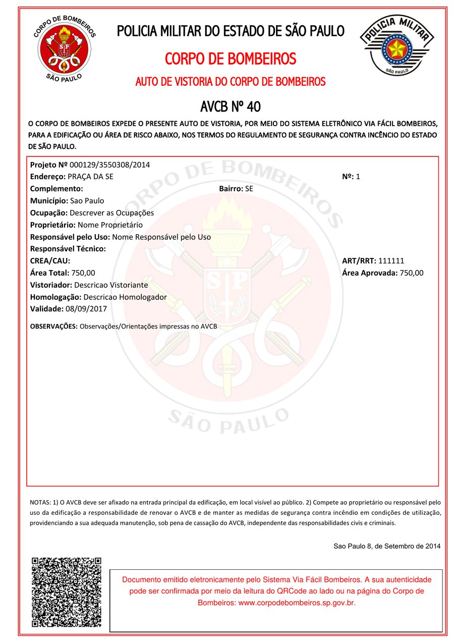 Modelo de AVCB (Auto de Vistoria do Corpo de Bombeiros) emitido pelo Sistema Via Fácil Bombeiros